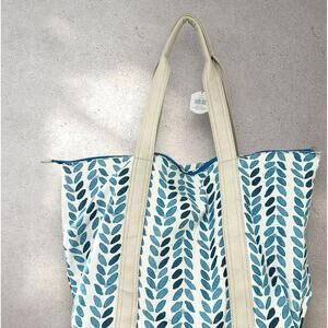 NWT Pure Honey Tote Canvas Floral Blue White Biege Faux Leather Strap Womens Bag